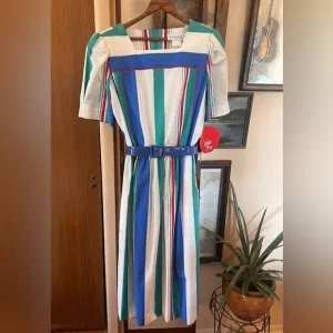 Vintage LESLIE FAY Multi Colored Striped Fit Flare DRESS Sz 12 Deadstock w Tags