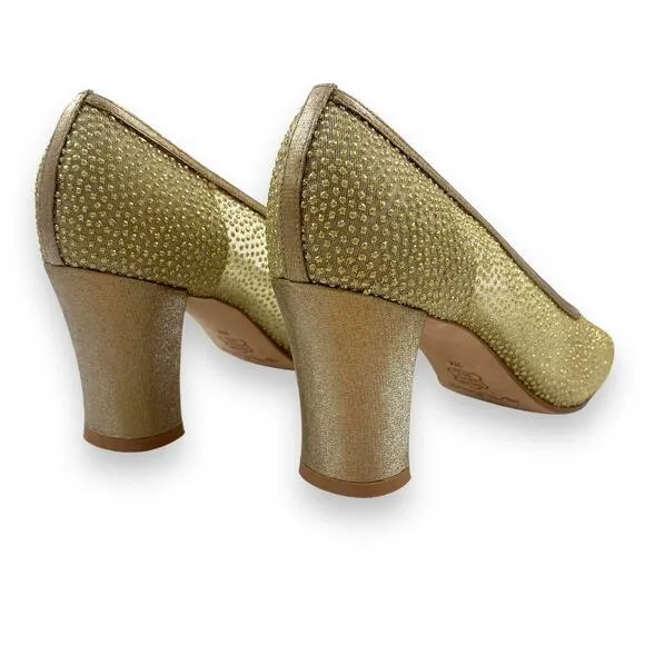 Vintage NINA gold mesh glitter square toe evening shoes