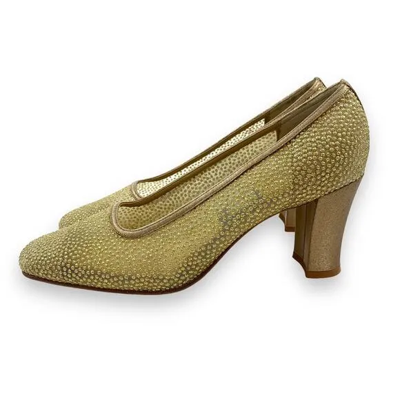 Vintage NINA gold mesh glitter square toe evening shoes
