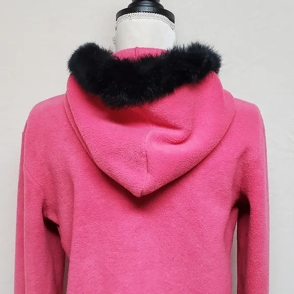 VINTAGE OOAK Upcycled Hot Pink Fleece Black Rabbit Fur Trim Full-zip Cardigan