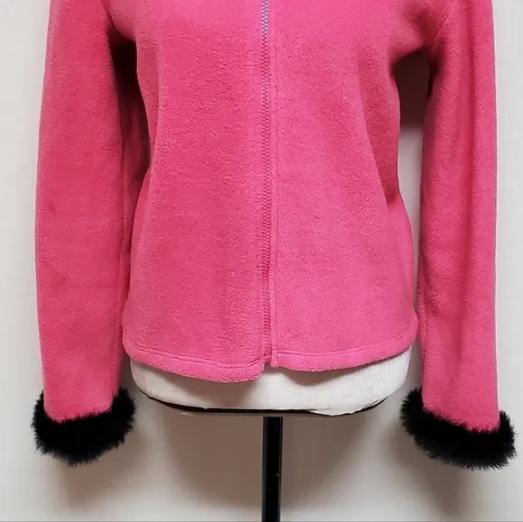 VINTAGE OOAK Upcycled Hot Pink Fleece Black Rabbit Fur Trim Full-zip Cardigan