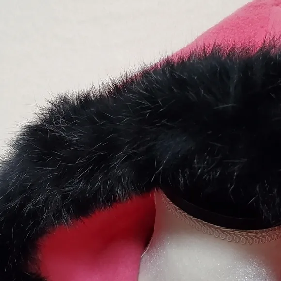 VINTAGE OOAK Upcycled Hot Pink Fleece Black Rabbit Fur Trim Full-zip Cardigan