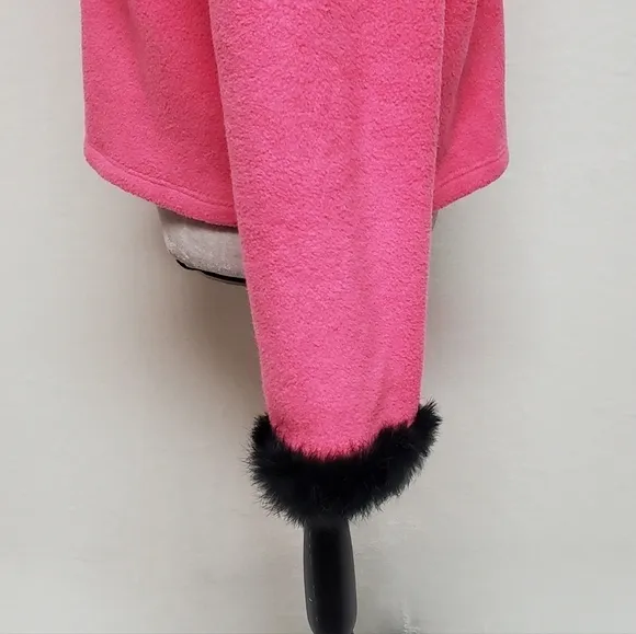 VINTAGE OOAK Upcycled Hot Pink Fleece Black Rabbit Fur Trim Full-zip Cardigan