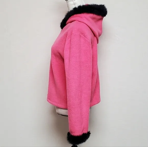 VINTAGE OOAK Upcycled Hot Pink Fleece Black Rabbit Fur Trim Full-zip Cardigan