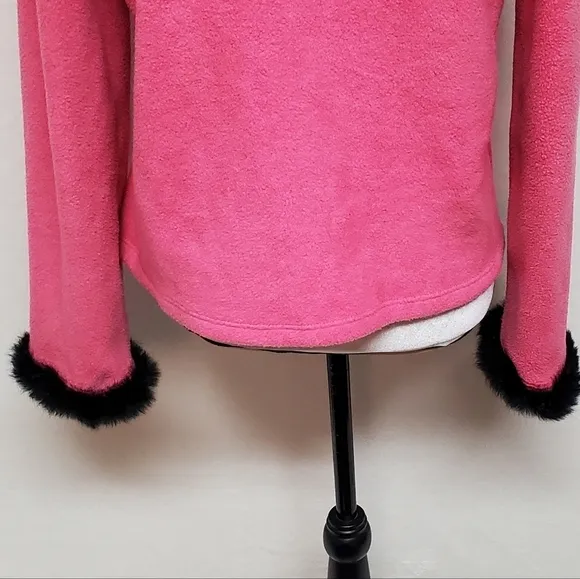 VINTAGE OOAK Upcycled Hot Pink Fleece Black Rabbit Fur Trim Full-zip Cardigan
