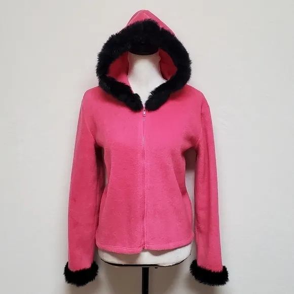 VINTAGE OOAK Upcycled Hot Pink Fleece Black Rabbit Fur Trim Full-zip Cardigan
