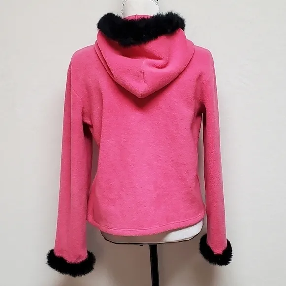 VINTAGE OOAK Upcycled Hot Pink Fleece Black Rabbit Fur Trim Full-zip Cardigan