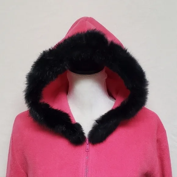VINTAGE OOAK Upcycled Hot Pink Fleece Black Rabbit Fur Trim Full-zip Cardigan