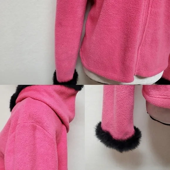VINTAGE OOAK Upcycled Hot Pink Fleece Black Rabbit Fur Trim Full-zip Cardigan