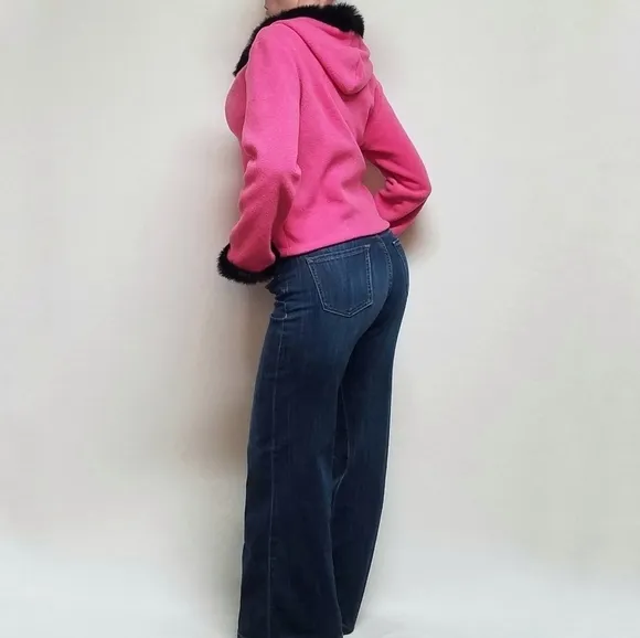 VINTAGE OOAK Upcycled Hot Pink Fleece Black Rabbit Fur Trim Full-zip Cardigan