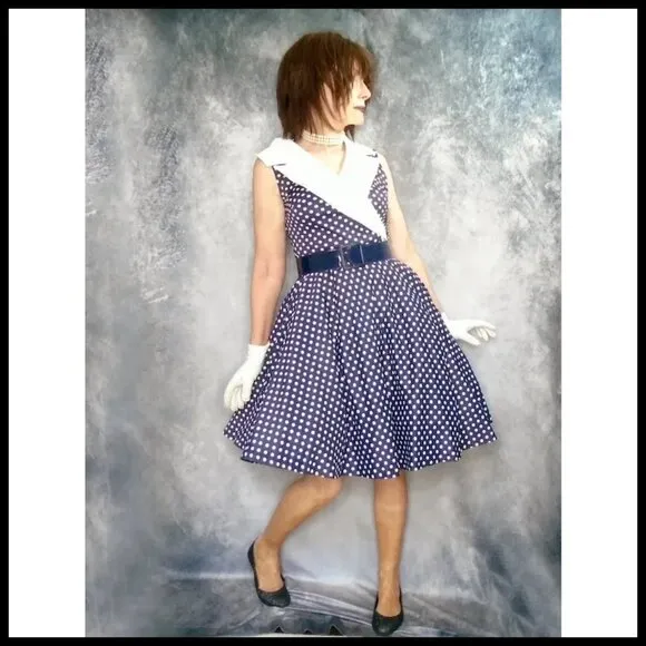 Vintage Polka Dot Jersey Fit Flare Summer Dress AND Belt - Slinky Jersey Knit