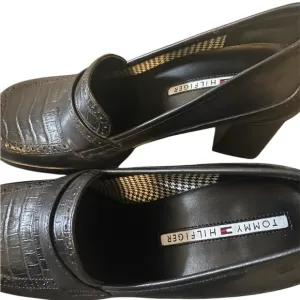 Vintage Tommy Hilfiger Black Leather Chunky Heel Womens Platform Shoes  Size 9.5