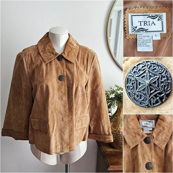 Vintage Tria Camel Brown Genuine Leather Cropped Swing Suede Jacket Sz Large