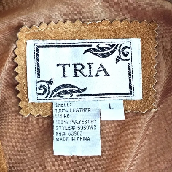 Vintage Tria Camel Brown Genuine Leather Cropped Swing Suede Jacket Sz Large