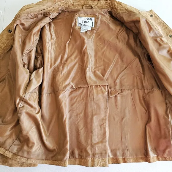 Vintage Tria Camel Brown Genuine Leather Cropped Swing Suede Jacket Sz Large
