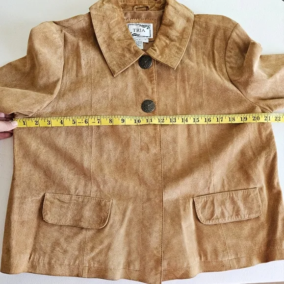 Vintage Tria Camel Brown Genuine Leather Cropped Swing Suede Jacket Sz Large