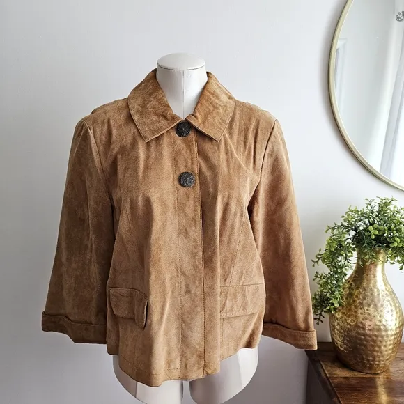 Vintage Tria Camel Brown Genuine Leather Cropped Swing Suede Jacket Sz Large