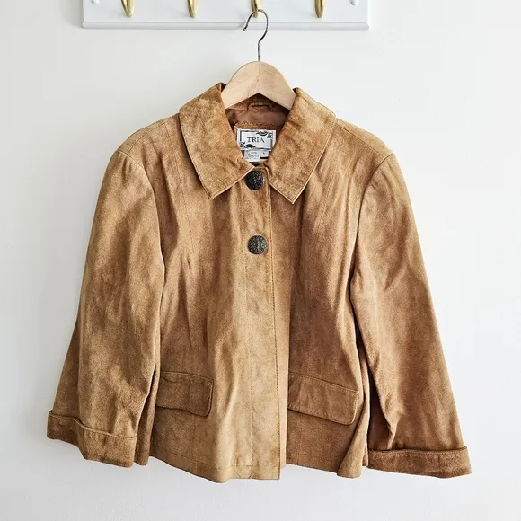 Vintage Tria Camel Brown Genuine Leather Cropped Swing Suede Jacket Sz Large