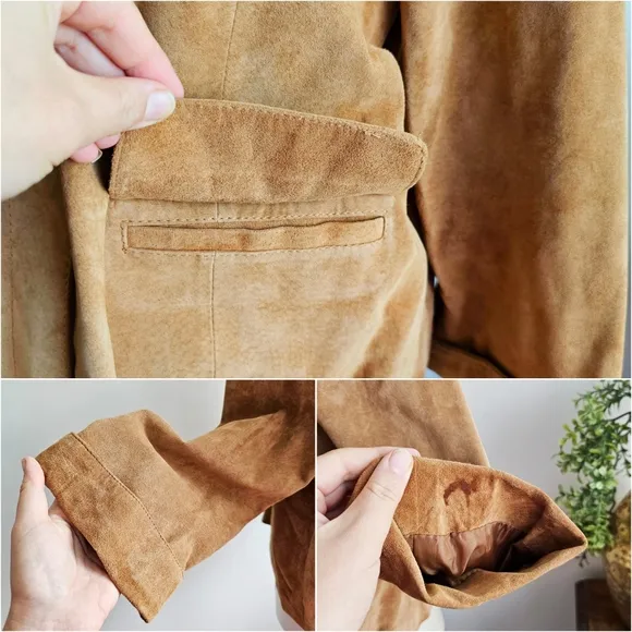 Vintage Tria Camel Brown Genuine Leather Cropped Swing Suede Jacket Sz Large