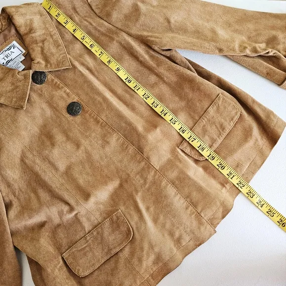 Vintage Tria Camel Brown Genuine Leather Cropped Swing Suede Jacket Sz Large