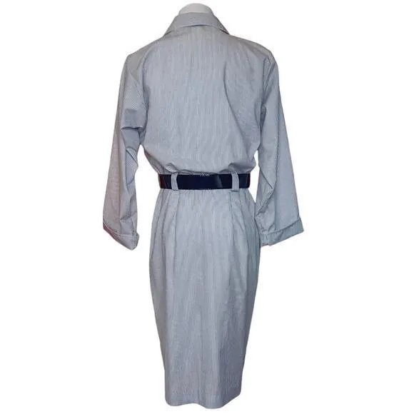 VINTAGE Union Made Cotton Blend Shirt Dress 1970s 1980 Blue White Stripe Size 10