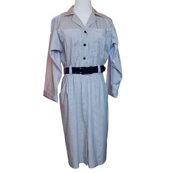 VINTAGE Union Made Cotton Blend Shirt Dress 1970s 1980 Blue White Stripe Size 10