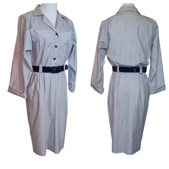 VINTAGE Union Made Cotton Blend Shirt Dress 1970s 1980 Blue White Stripe Size 10