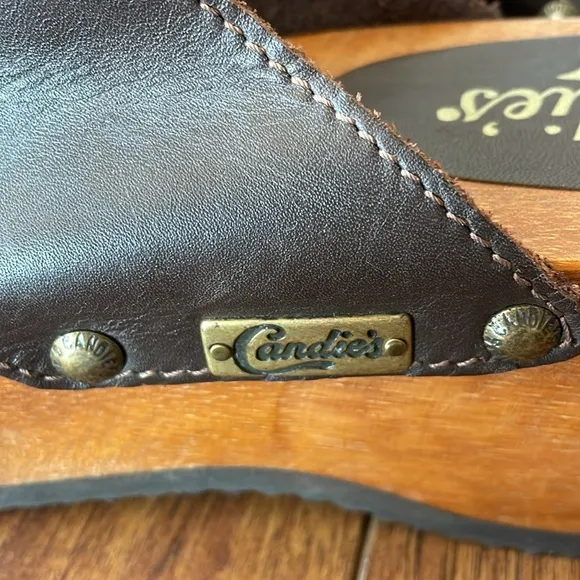 Vintage Y2K Candies Sandals Shoe Wood Platform Studded Wooden Brown Leather 10