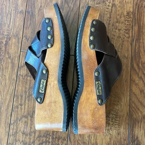 Vintage Y2K Candies Sandals Shoe Wood Platform Studded Wooden Brown Leather 10