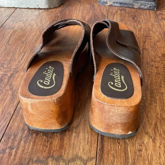 Vintage Y2K Candies Sandals Shoe Wood Platform Studded Wooden Brown Leather 10
