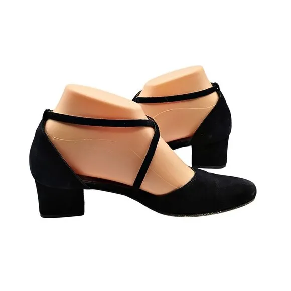 Vintage Yves Saint Laurent Low Heel Mary Jane Women 6 Black Suede Cross Strap