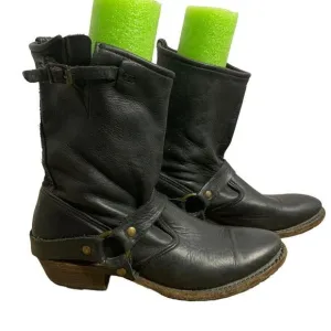 Vintage Foundry Co Leather Moto Boots 7 Black Almond Toe Mid Calf Low Heel