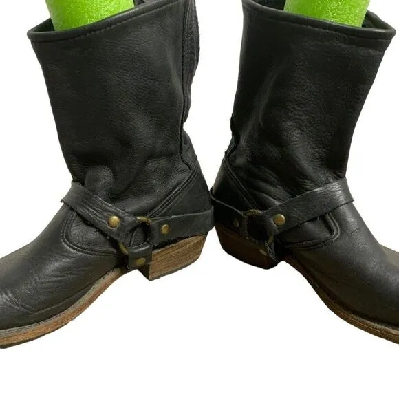 Vintage Foundry Co Leather Moto Boots 7 Black Almond Toe Mid Calf Low Heel