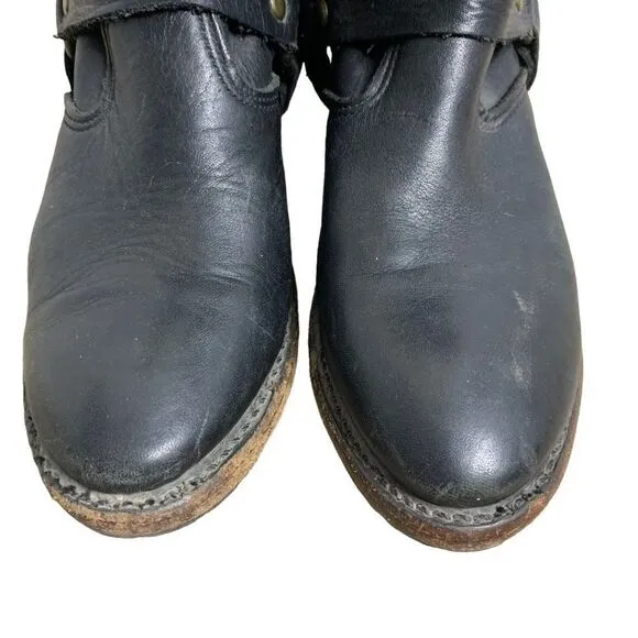 Vintage Foundry Co Leather Moto Boots 7 Black Almond Toe Mid Calf Low Heel