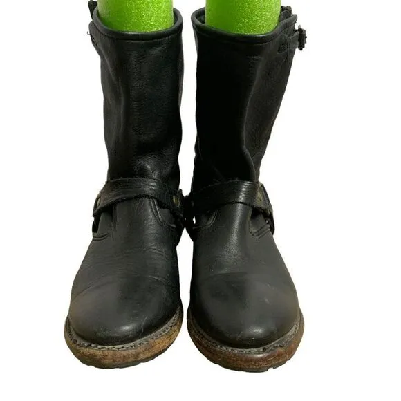 Vintage Foundry Co Leather Moto Boots 7 Black Almond Toe Mid Calf Low Heel