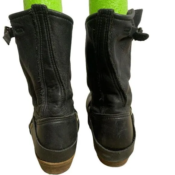 Vintage Foundry Co Leather Moto Boots 7 Black Almond Toe Mid Calf Low Heel