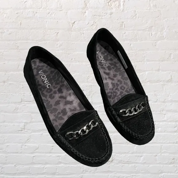 Vionic black suede Mesa loafers with gunmetal/muted silver chain accents