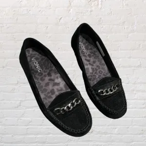 Vionic black suede Mesa loafers with gunmetal/muted silver chain accents