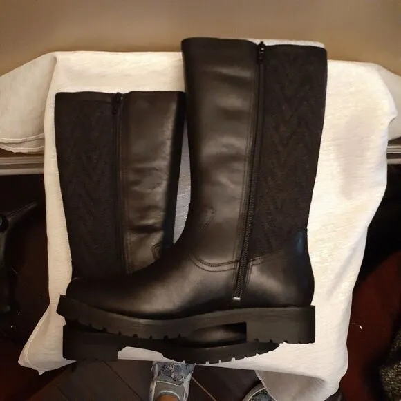 Vionic Mystic Aurora Black Leather Boots Quilted Mid Calf Size 6