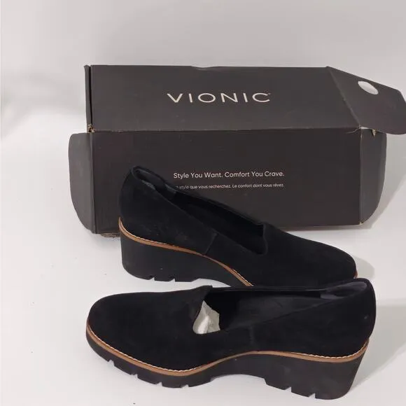 Vionic Willa Chunky Lug Wedge Black Suede Comfort Shoes Women’s Size 10