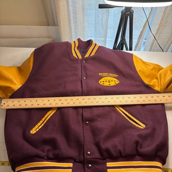 Vtg 80’s Holloway College Bomber Jacket XL Burgundy Gold Varsity Wool Leath…