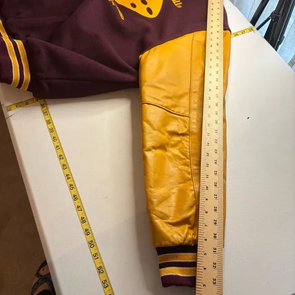 Vtg 80’s Holloway College Bomber Jacket XL Burgundy Gold Varsity Wool Leath…