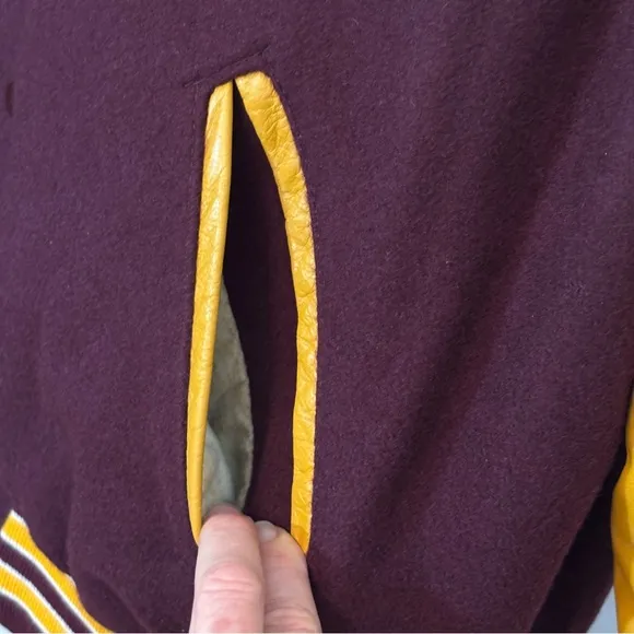 Vtg 80’s Holloway College Bomber Jacket XL Burgundy Gold Varsity Wool Leath…