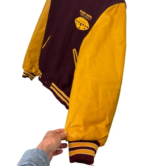 Vtg 80’s Holloway College Bomber Jacket XL Burgundy Gold Varsity Wool Leath…