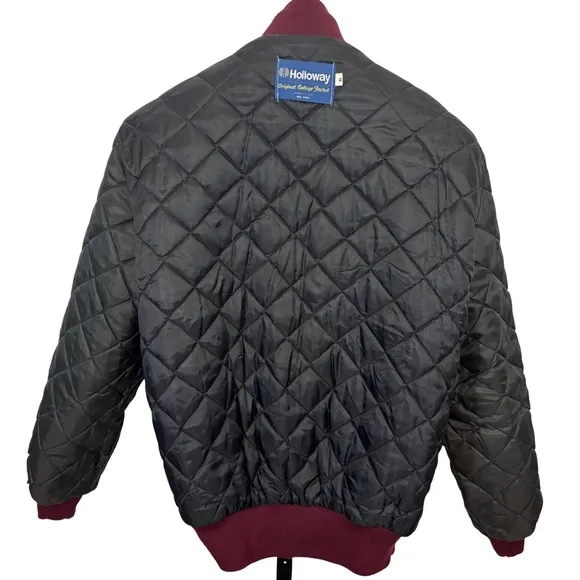 Vtg 80’s Holloway College Bomber Jacket XL Burgundy Gold Varsity Wool Leath…