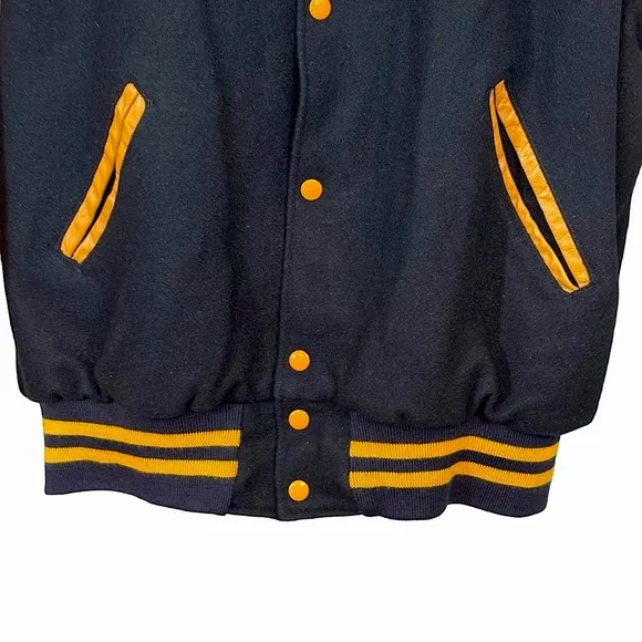 Vtg 80’s Holloway College Bomber Jacket XL Varsity Navy Wool Tan Leath…