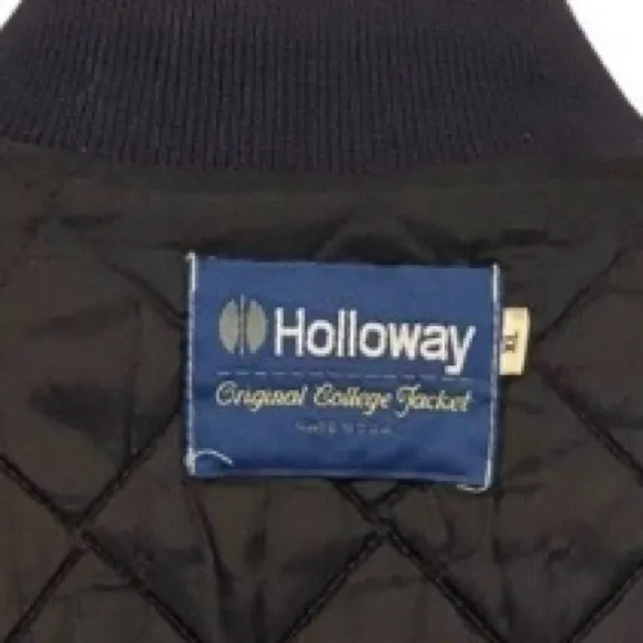 Vtg 80’s Holloway College Bomber Jacket XL Varsity Navy Wool Tan Leath…