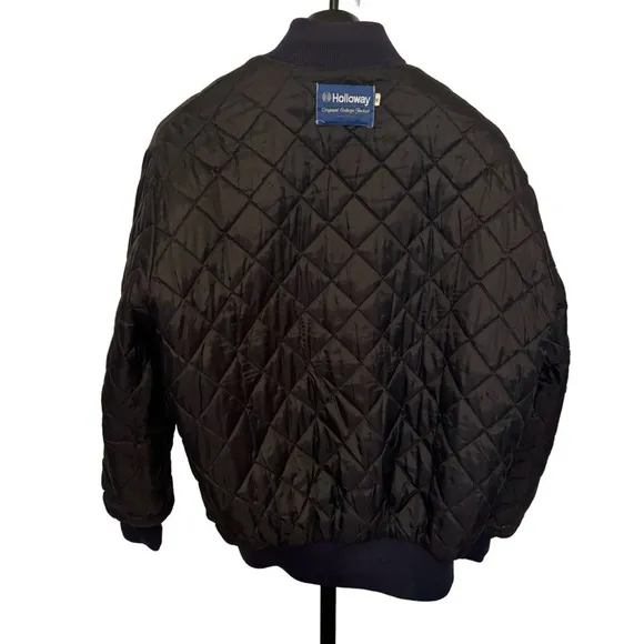 Vtg 80’s Holloway College Bomber Jacket XL Varsity Navy Wool Tan Leath…