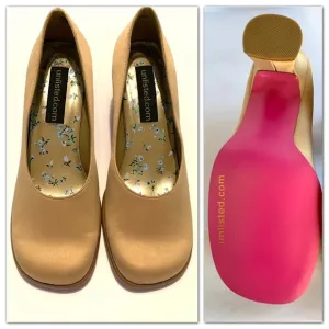 VTG 90s/Y2K NEW UNLISTED GOLD TAUPE SATIN SQUARE TOE CHUNKY HEEL PINK BOTTOM 7.5