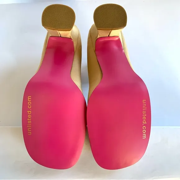 VTG 90s/Y2K NEW UNLISTED GOLD TAUPE SATIN SQUARE TOE CHUNKY HEEL PINK BOTTOM 7.5